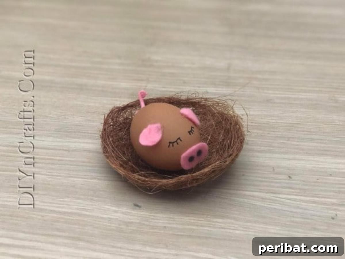 5 Delightful & Simple Easter Egg Crafts 16 A completed 'Pig Egg' with felt features and drawn eyes, nestled comfortably in a small craft bird's nest.
