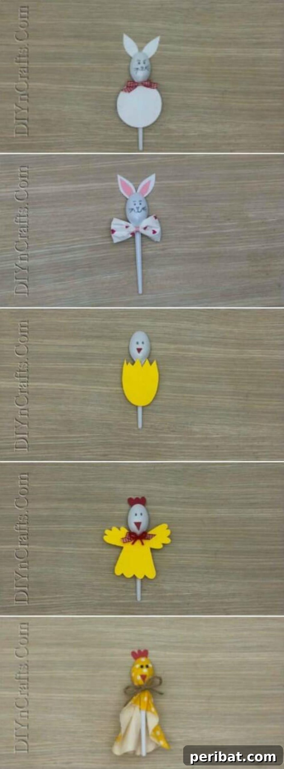 Spoonfuls of Fun 5 Easter Crafts for Kids Using Plastic Spoons 2 A vibrant collage showcasing five different Easter crafts made from plastic spoons: a bunny with a bow, a hatched chick, a full-bodied chick with wings, another bunny with a paper body, and a chick wrapped in tissue paper.