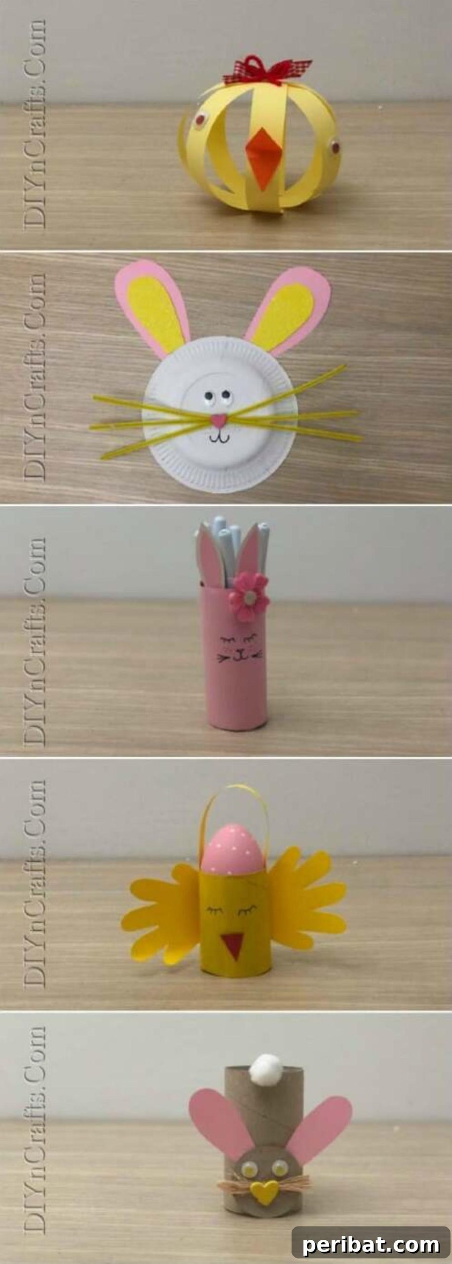 Instant Easter Fun: 5 Crafts for Kids in Under 5 Minutes 2 Collection of 5 easy Easter crafts for kids featuring bunnies and chicks made from simple materials like paper plates, construction paper, and pipe cleaners.