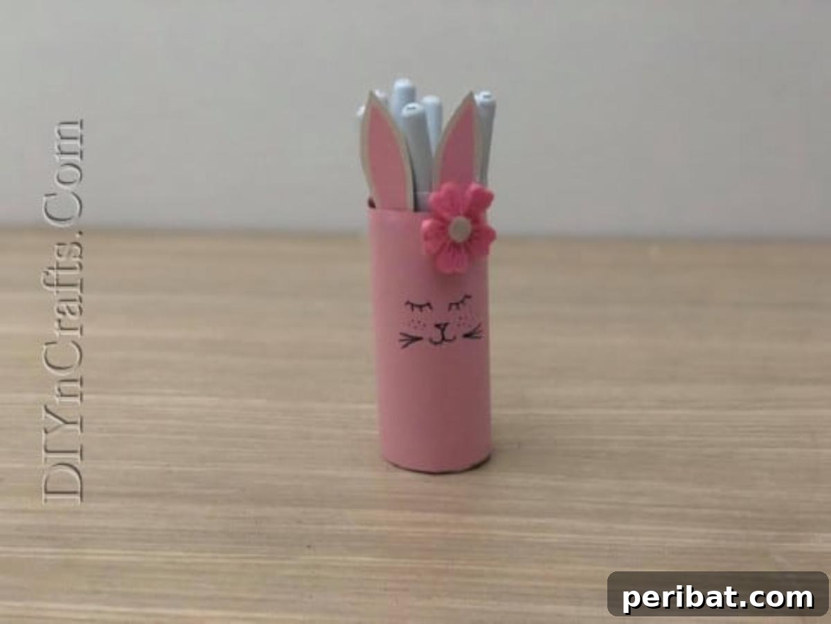 Instant Easter Fun: 5 Crafts for Kids in Under 5 Minutes 19 The finished bunny pencil cup filled with writing tools, making a perfect desk accessory or gift.