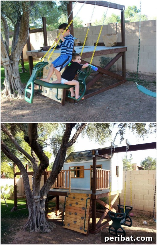 DIY Plywood Deck Swing Set with Rock Wall