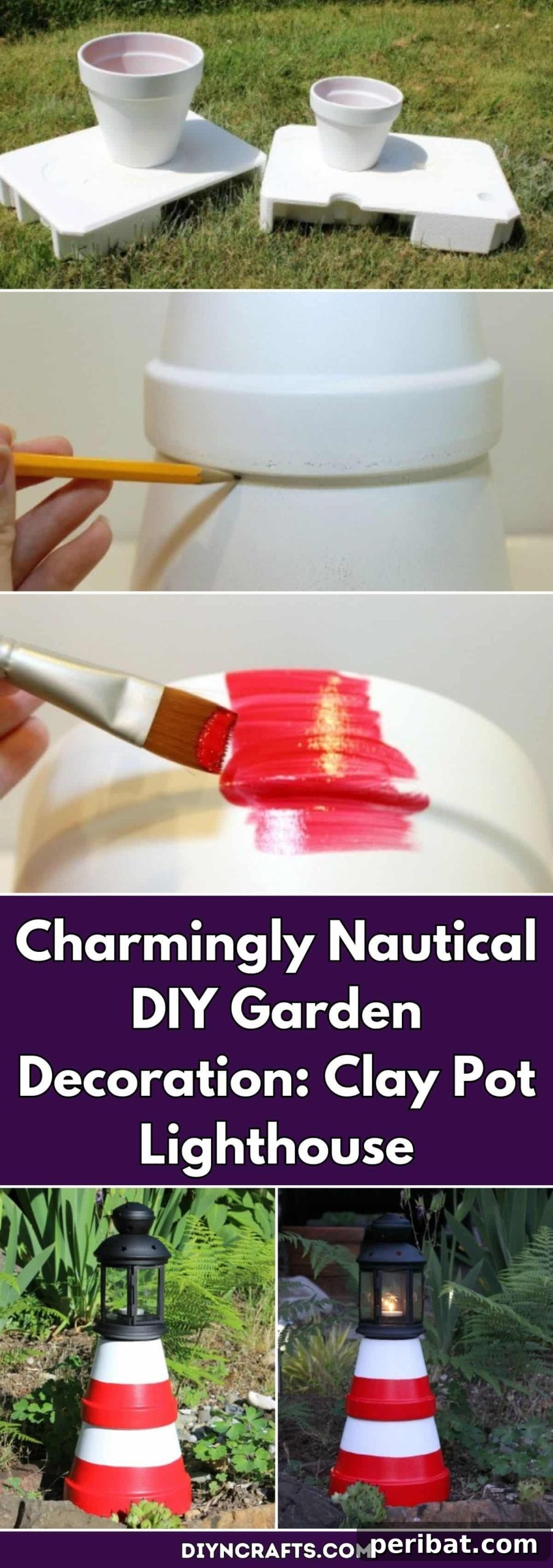 20 Creative DIY Projects for a Stunning Coastal Outdoor Oasis 5 Charmingly Nautical DIY Garden Decoration: Clay Pot Lighthouse pinterest image