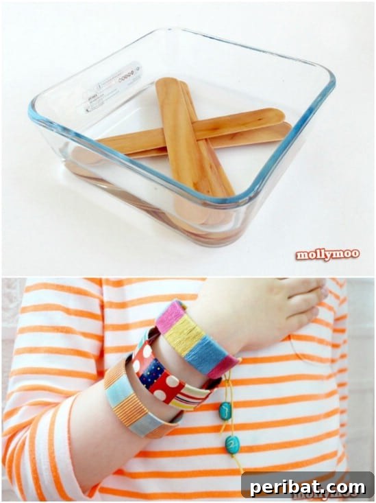Crafting Summer Memories: Delightful Popsicle Stick Projects for Kids 16 Colorful Genius Craft Stick Bracelets on a child's arm