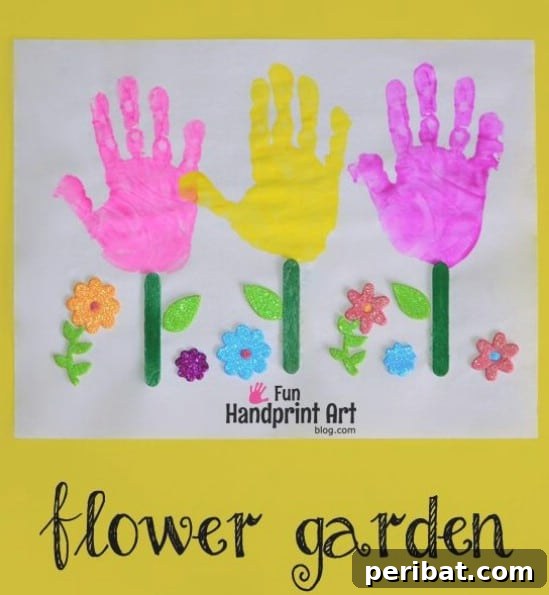 Crafting Summer Memories: Delightful Popsicle Stick Projects for Kids 3 Colorful Handprint Flower Garden Art with popsicle stick stems