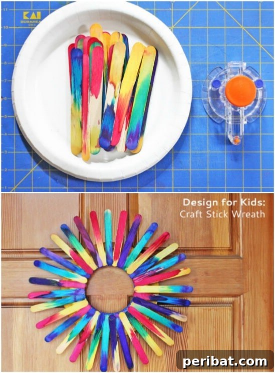 Crafting Summer Memories: Delightful Popsicle Stick Projects for Kids 21 Colorful DIY Craft Stick Wreath with bright paint