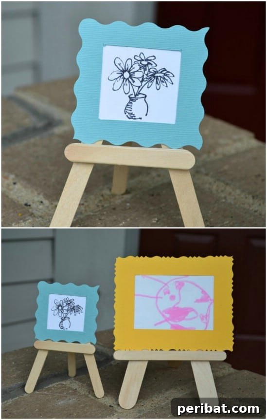 Crafting Summer Memories: Delightful Popsicle Stick Projects for Kids 36 Tiny Popsicle Stick Easels displaying miniature artwork