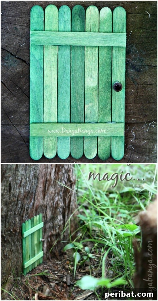 Crafting Summer Memories: Delightful Popsicle Stick Projects for Kids 37 DIY Popsicle Stick Fairy House Door against a tree trunk