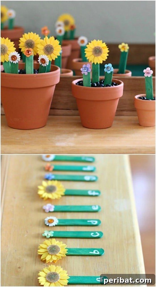 Crafting Summer Memories: Delightful Popsicle Stick Projects for Kids 5 Alphabet Flower Garden with popsicle stick stems, an educational craft