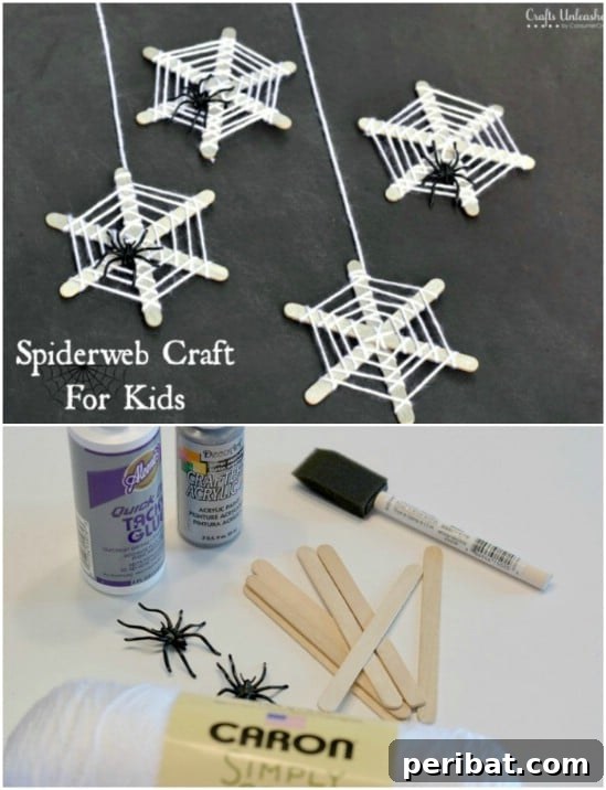 Crafting Summer Memories: Delightful Popsicle Stick Projects for Kids 51 Craft Stick Spiderwebs with a toy spider for Halloween