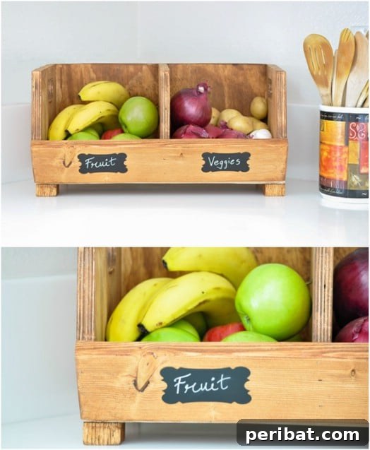 Smart DIY Hacks for Fresher Fruits and Vegetables 17 Rustic DIY Wooden Produce Storage with Chalkboard Separators, perfect for organized farmhouse kitchens