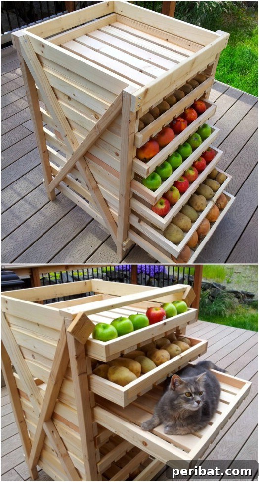 Smart DIY Hacks for Fresher Fruits and Vegetables 19 Functional DIY Wooden Slide Out Produce Storage with multiple bins, ideal for pantry or countertop