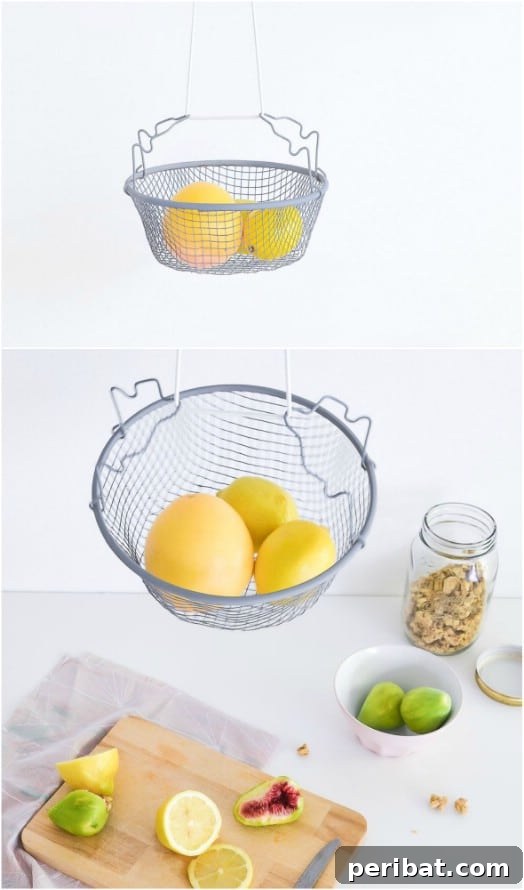 Smart DIY Hacks for Fresher Fruits and Vegetables 3 Stylish DIY Hanging Fruit Basket made with a wire basket and rope, perfect for kitchen storage