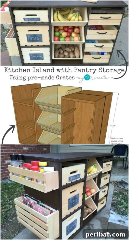 Smart DIY Hacks for Fresher Fruits and Vegetables 22 Spacious DIY Kitchen Island with integrated wooden slide-out crates and bins for comprehensive produce storage