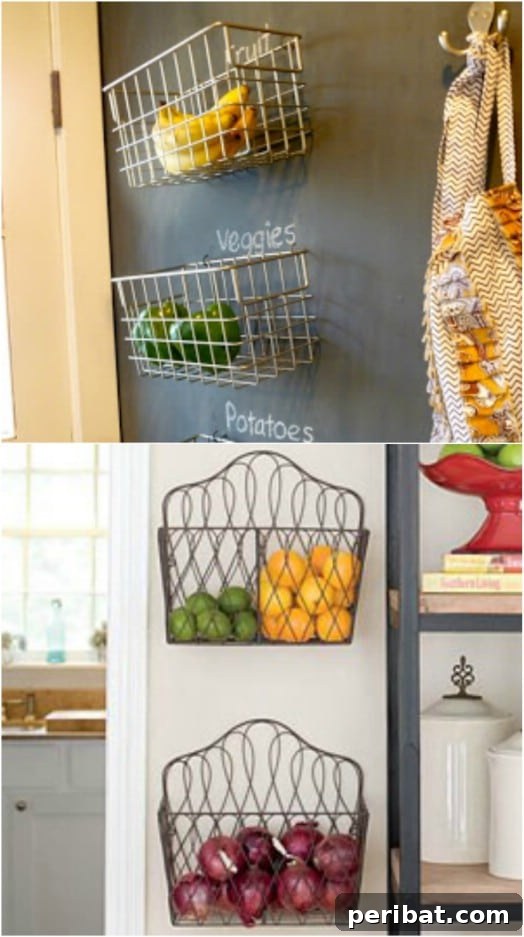 Smart DIY Hacks for Fresher Fruits and Vegetables 8 Functional DIY Hanging Produce Baskets made from wire baskets mounted on a wall for efficient storage