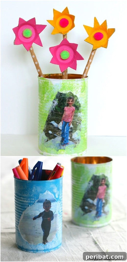 35 Adorable Mother's Day Crafts Kids and Toddlers Can Make 17 Repurposed Tin Can Pencil Holder with child's photo