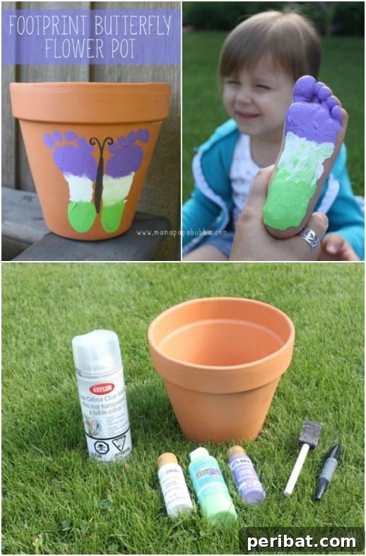 35 Adorable Mother's Day Crafts Kids and Toddlers Can Make 23 Footprint Butterfly Planter with toddler footprints