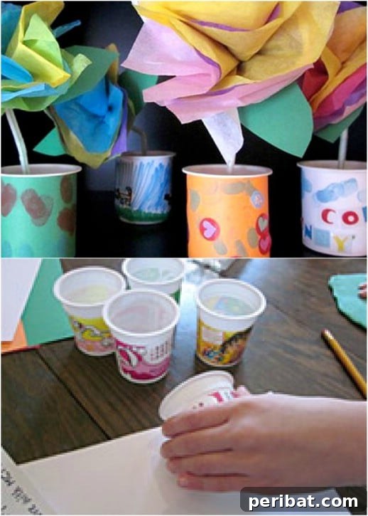 35 Adorable Mother's Day Crafts Kids and Toddlers Can Make 37 Adorably Easy Yogurt Cup Vases filled with tissue paper flowers