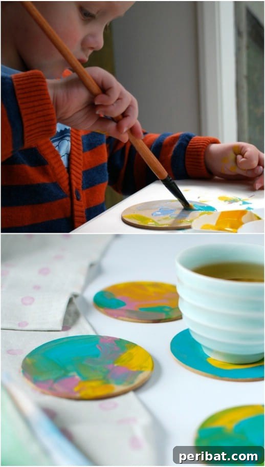 35 Adorable Mother's Day Crafts Kids and Toddlers Can Make 5 Easy DIY Abstract Art Coasters made by toddlers