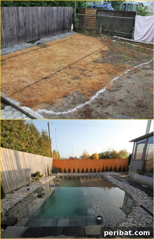 DIY Your Dream Inground Pool: Transform Your Backyard Without Breaking The Bank 6 A stunning natural swimming pool illuminated for evening enjoyment.