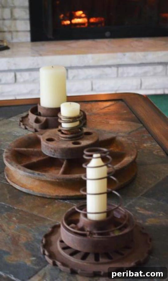 Rustic Charm: 10 Creative Farm Equipment Upcycles for Home & Garden Decor 3 DIY rustic candle holders made from repurposed tractor springs and gears
