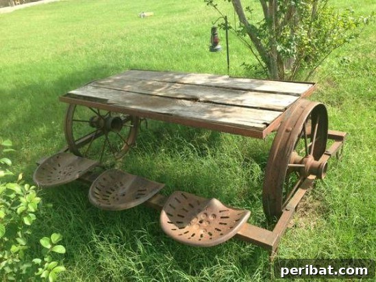 Rustic Charm: 10 Creative Farm Equipment Upcycles for Home & Garden Decor 4 Rustic picnic table crafted from reclaimed wood and vintage tractor seats