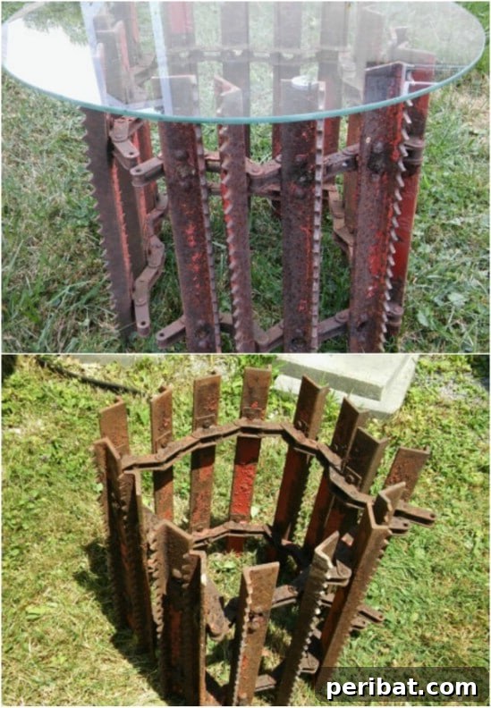 Rustic Charm: 10 Creative Farm Equipment Upcycles for Home & Garden Decor 7 Rustic side table created from a hay baler feeder track with a glass top