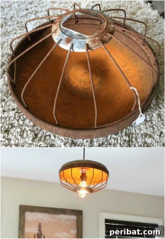 Rustic Charm: 10 Creative Farm Equipment Upcycles for Home & Garden Decor 8 DIY pendant light made from an old rusty chicken feeder for rustic illumination