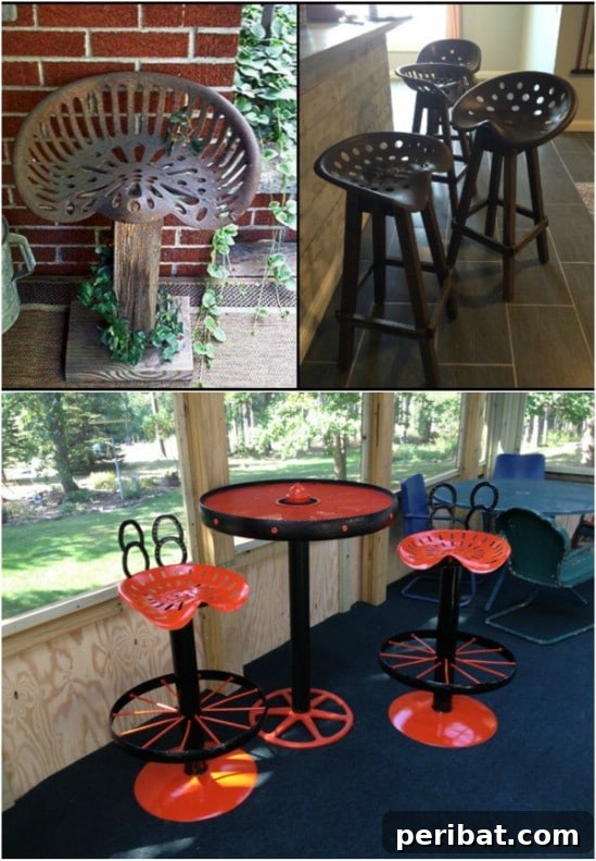 Rustic Charm: 10 Creative Farm Equipment Upcycles for Home & Garden Decor 9 Rustic bar stools made from upcycled vintage tractor seats with metal bases