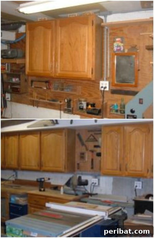 Ingenious Ways to Repurpose Old Kitchen Cabinets 12 Repurposed Cabinet Garage Storage and workshop unit