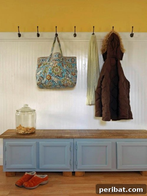 Ingenious Ways to Repurpose Old Kitchen Cabinets 5 DIY Mudroom Bench crafted from old kitchen wall cabinets