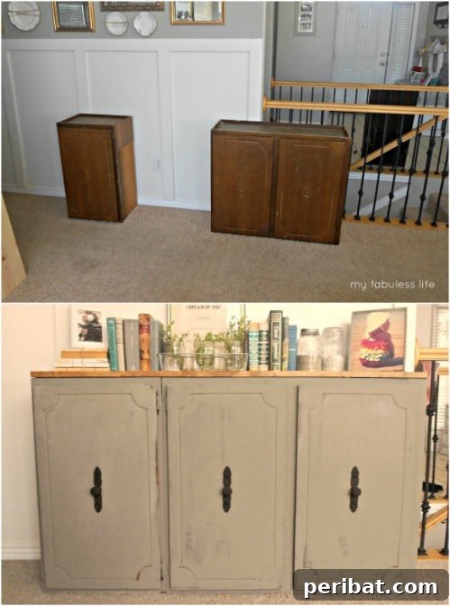 Ingenious Ways to Repurpose Old Kitchen Cabinets 10 Repurposed Kitchen Cabinet Console Table for elegant hallway storage