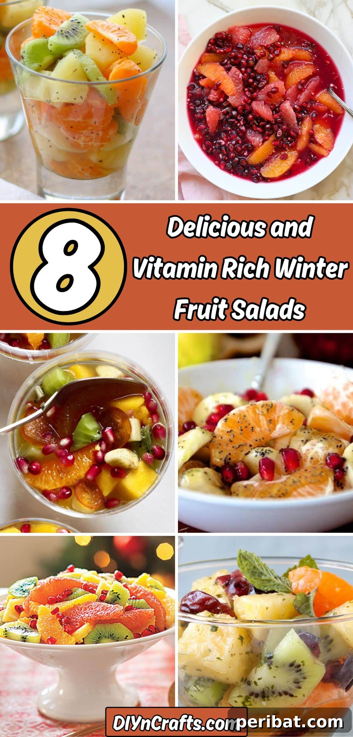 Vibrant Winter Fruit Salads: Delicious & Nutritious 2 A collage featuring various delicious and vitamin-rich winter fruit salads, showcasing vibrant colors and fresh ingredients.