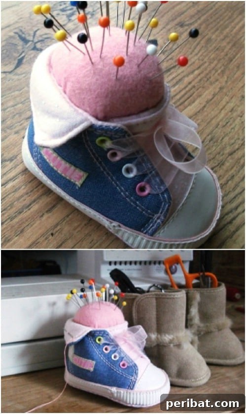 10 Mind-Blowing Ways to Reinvent Your Old Shoes 3 Repurposed Baby Shoe Pin Cushion