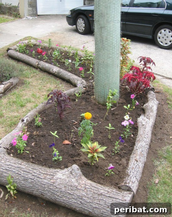 Repurposed Tree Trunk Garden Fence