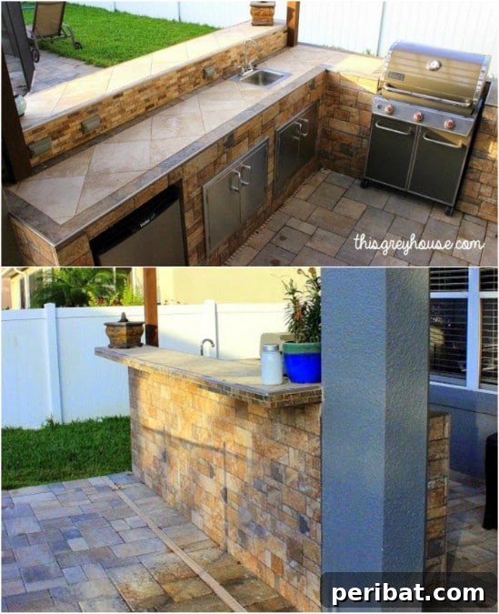 Build Your Dream Outdoor Kitchen: 15 Budget-Friendly DIY Ideas 14 A stylish DIY outdoor kitchen featuring a combination of stainless steel appliances and durable tile finishes.