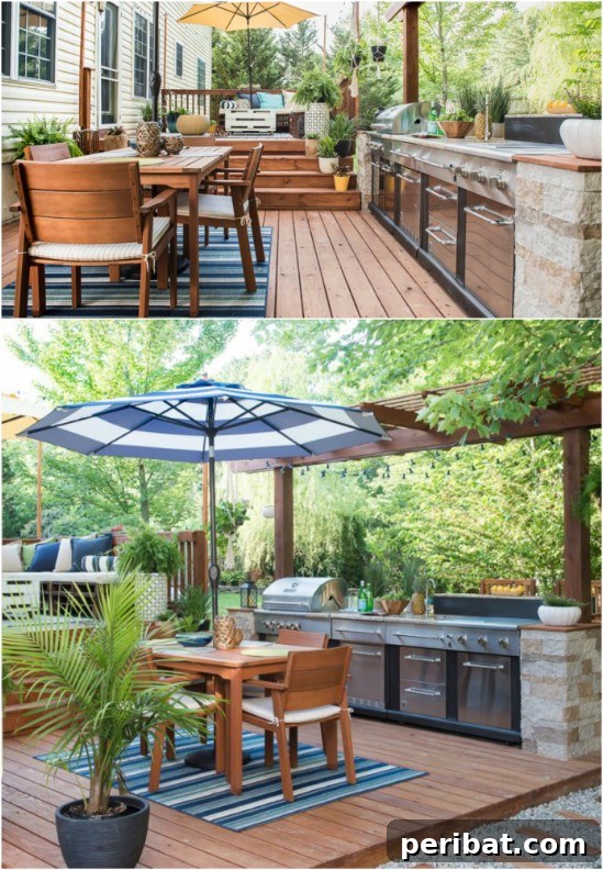 Build Your Dream Outdoor Kitchen: 15 Budget-Friendly DIY Ideas 3 A modern DIY outdoor kitchen built into a wooden deck, featuring a grill and stainless steel finishes.