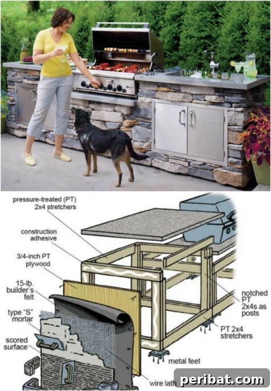 Build Your Dream Outdoor Kitchen: 15 Budget-Friendly DIY Ideas 4 A robust DIY stone-covered grill island with a built-in grill and elegant natural stone finish.
