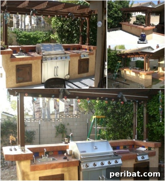 Build Your Dream Outdoor Kitchen: 15 Budget-Friendly DIY Ideas 5 An inviting outdoor kitchen and bar area featuring a stylish pergola overhead, perfect for outdoor relaxation.