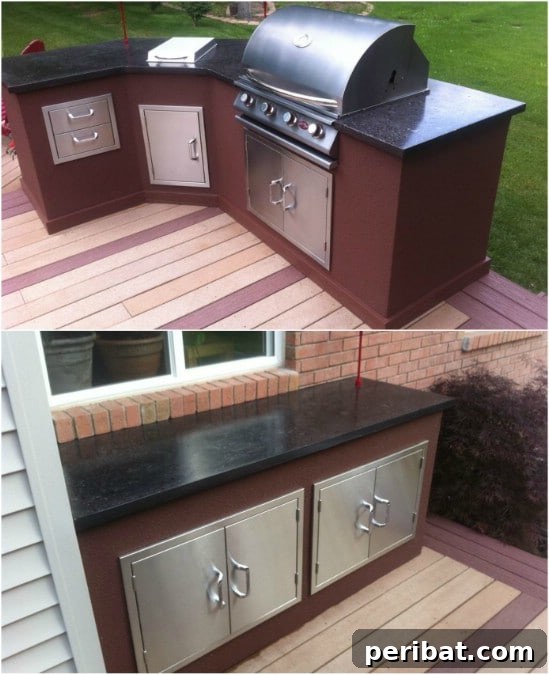 Build Your Dream Outdoor Kitchen: 15 Budget-Friendly DIY Ideas 6 A sleek DIY outdoor kitchen featuring stainless steel appliances and robust concrete countertops, designed for durability.