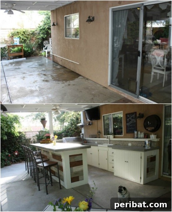 Build Your Dream Outdoor Kitchen: 15 Budget-Friendly DIY Ideas 7 A comprehensive DIY outdoor kitchenette complete with numerous cabinets and an integrated bar area for seating.