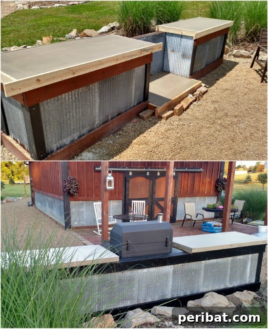 Build Your Dream Outdoor Kitchen: 15 Budget-Friendly DIY Ideas 8 A rustic DIY outdoor kitchen crafted from reclaimed concrete and corrugated steel, featuring a minimalist design.