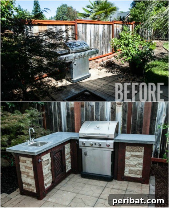 Build Your Dream Outdoor Kitchen: 15 Budget-Friendly DIY Ideas 9 An charming DIY outdoor kitchen built from upcycled wood and brick, creating a rustic and inviting atmosphere.