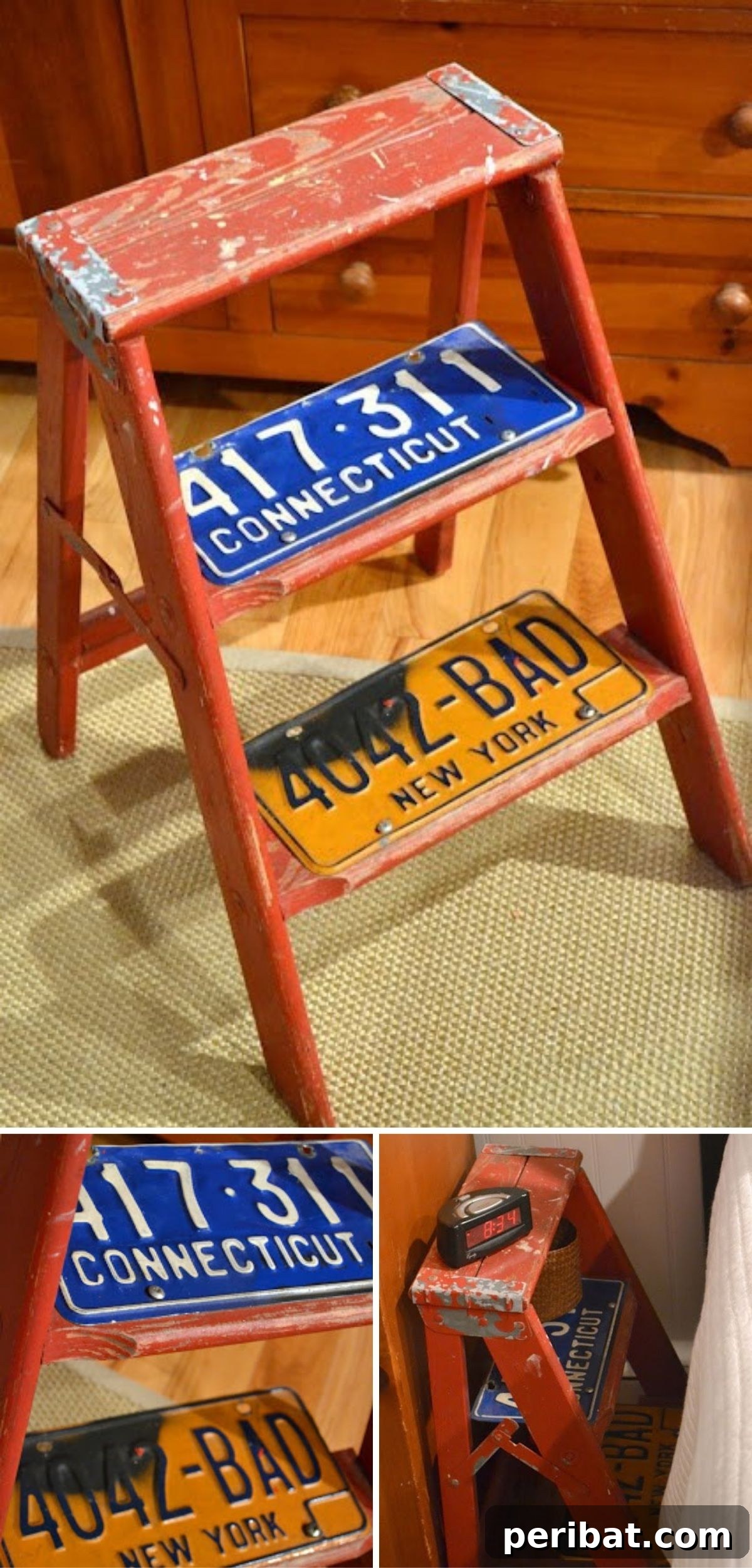 10 Brilliant Ways to Turn Car Scraps into Stylish Home Decor 8 Decorative Upcycled License Plate Step Ladder with Farmhouse Appeal