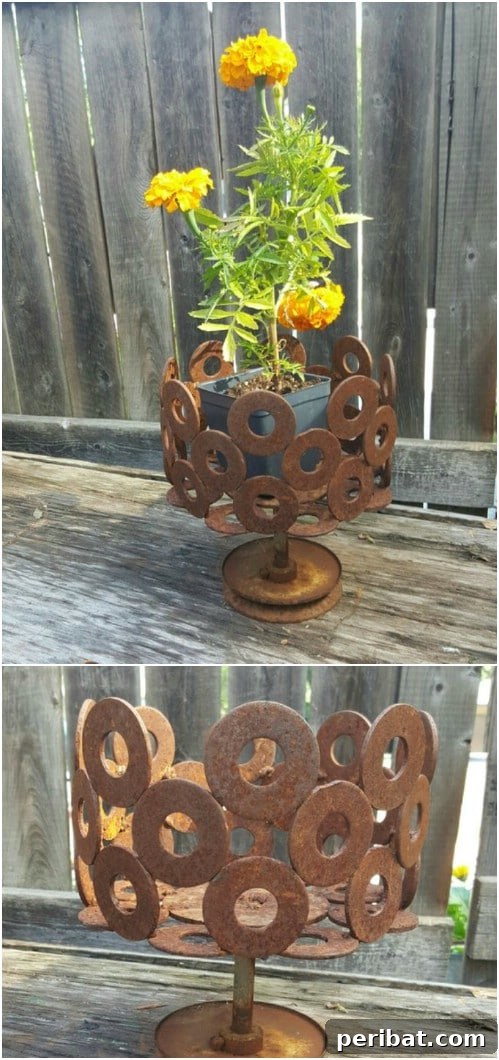Weathered Wonders: 11 DIY Metal Accents for Your Garden 6 Rusty Washer Flower Pot