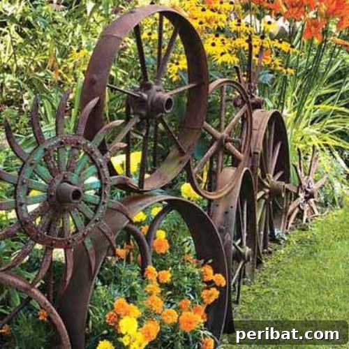 Weathered Wonders: 11 DIY Metal Accents for Your Garden 7 Old Rusted Wheel Garden Fence