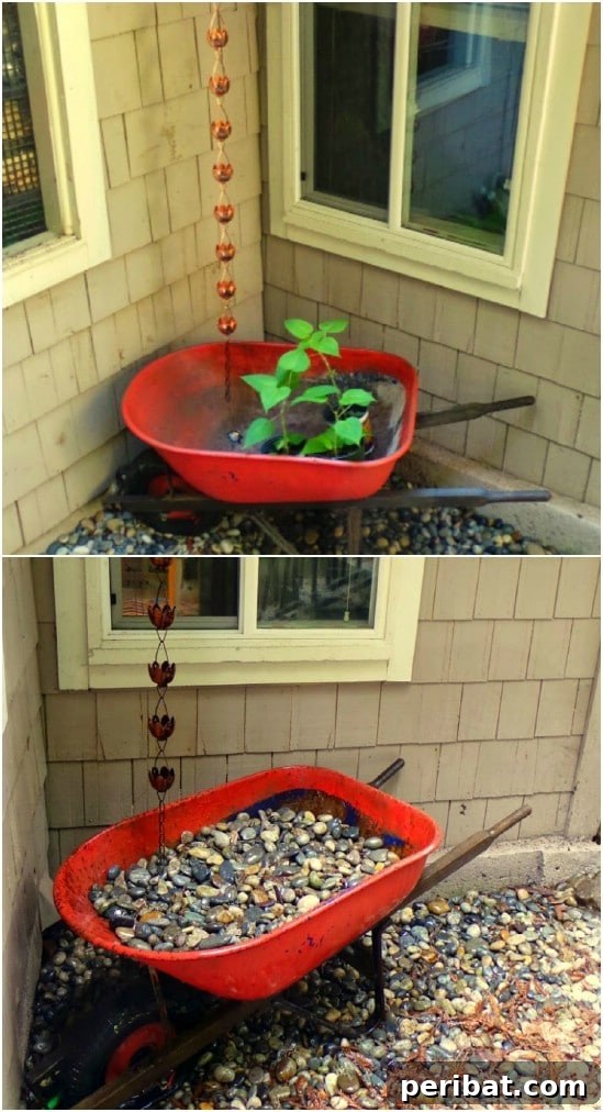 Repurposed Wheelbarrow Rain Catcher