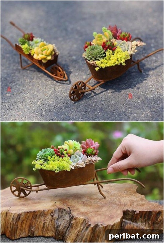 Rusty Iron Wheelbarrow Flowerpot Succulent Container 