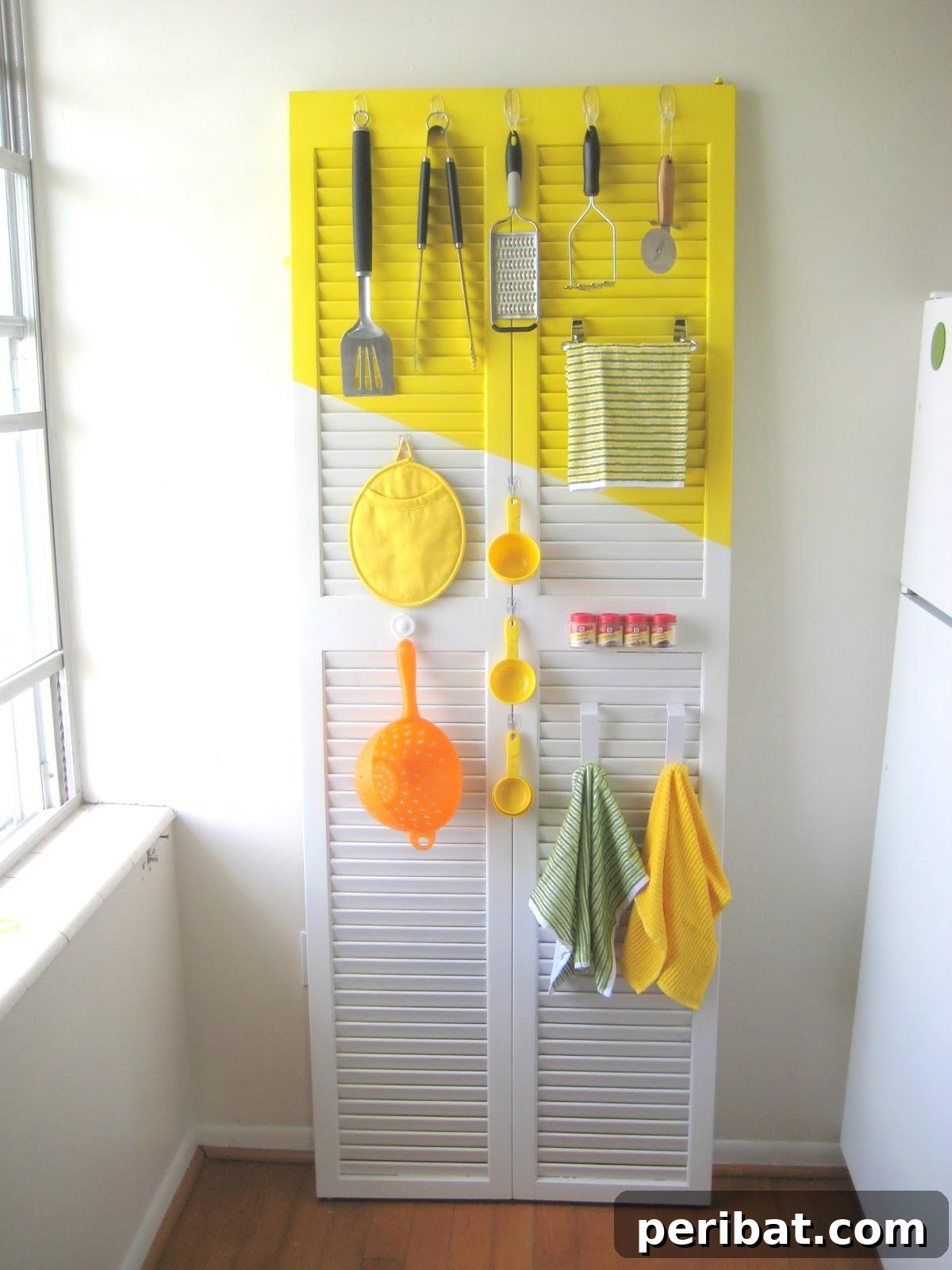 A repurposed closet door painted and fitted with hooks and baskets, serving as a kitchen organizer.