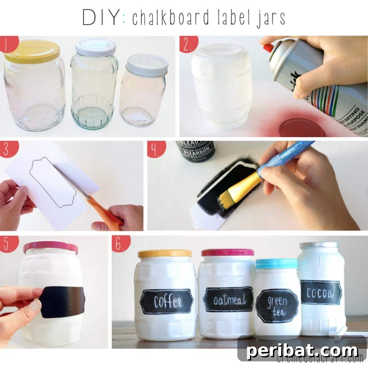 Glass jars with chalkboard painted labels, allowing for customizable content identification.