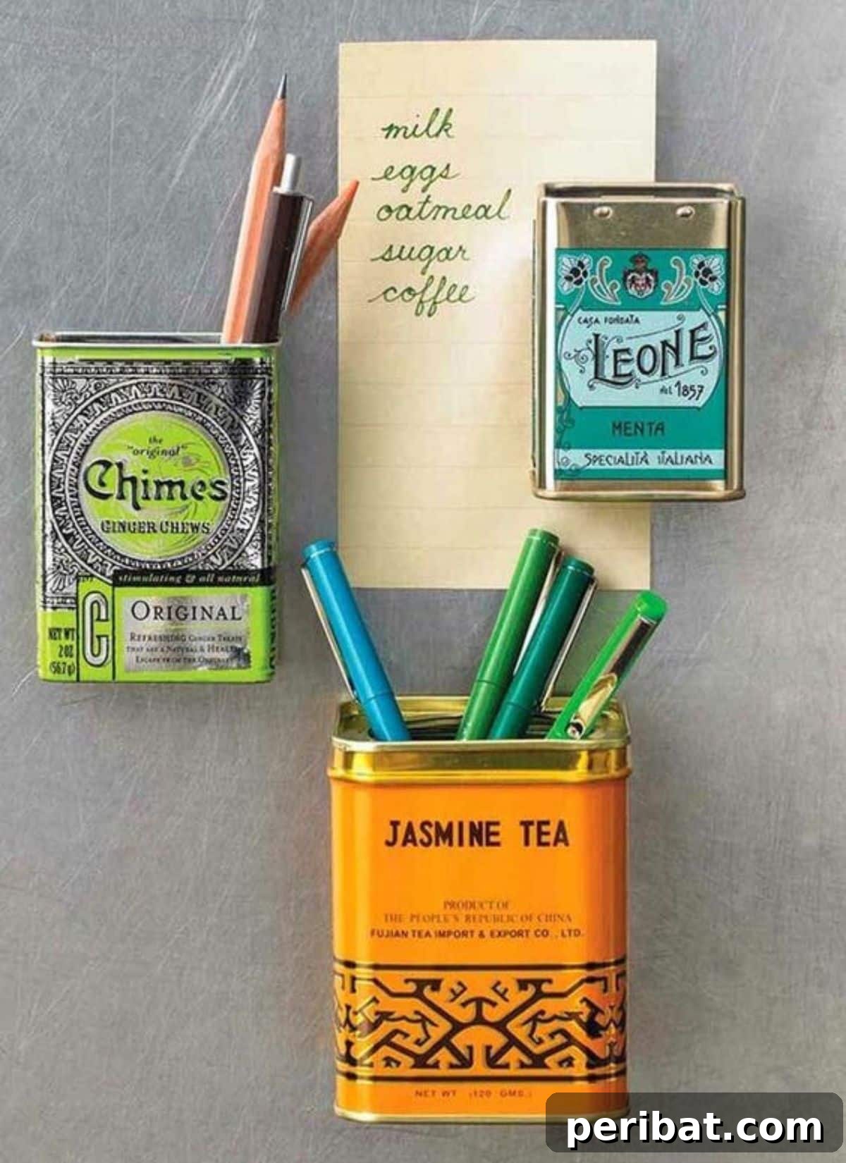 A collection of colorful DIY refrigerator magnets made from upcycled containers, holding small notes.